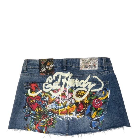 New Ed Hardy Tattoo Denim Jean Mini Skirt Size M Y2K Streetwear Edgy Grunge Punk - Picture 6 of 16